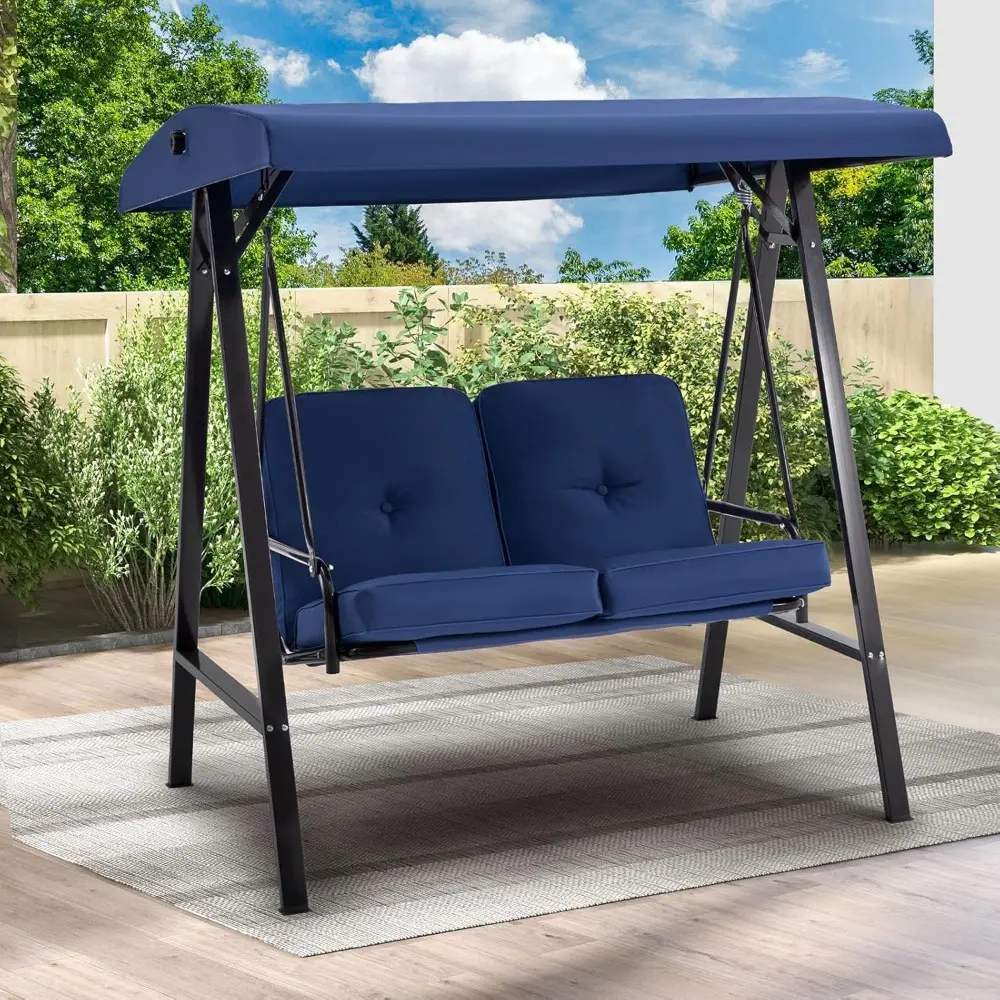 Outdoor Patio Swing Chair for Adults, 2-Seat Porch Swings with Adjustable Canopy, Outside Swing Bench with Removable Cushion, S