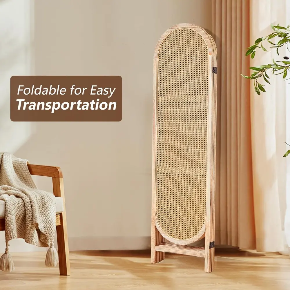 4 Panels Room Dividers Panel, Hand-Woven Rattan Room Divider Wall, Wood Room Divider and Folding Privacy Screens, Freestanding R