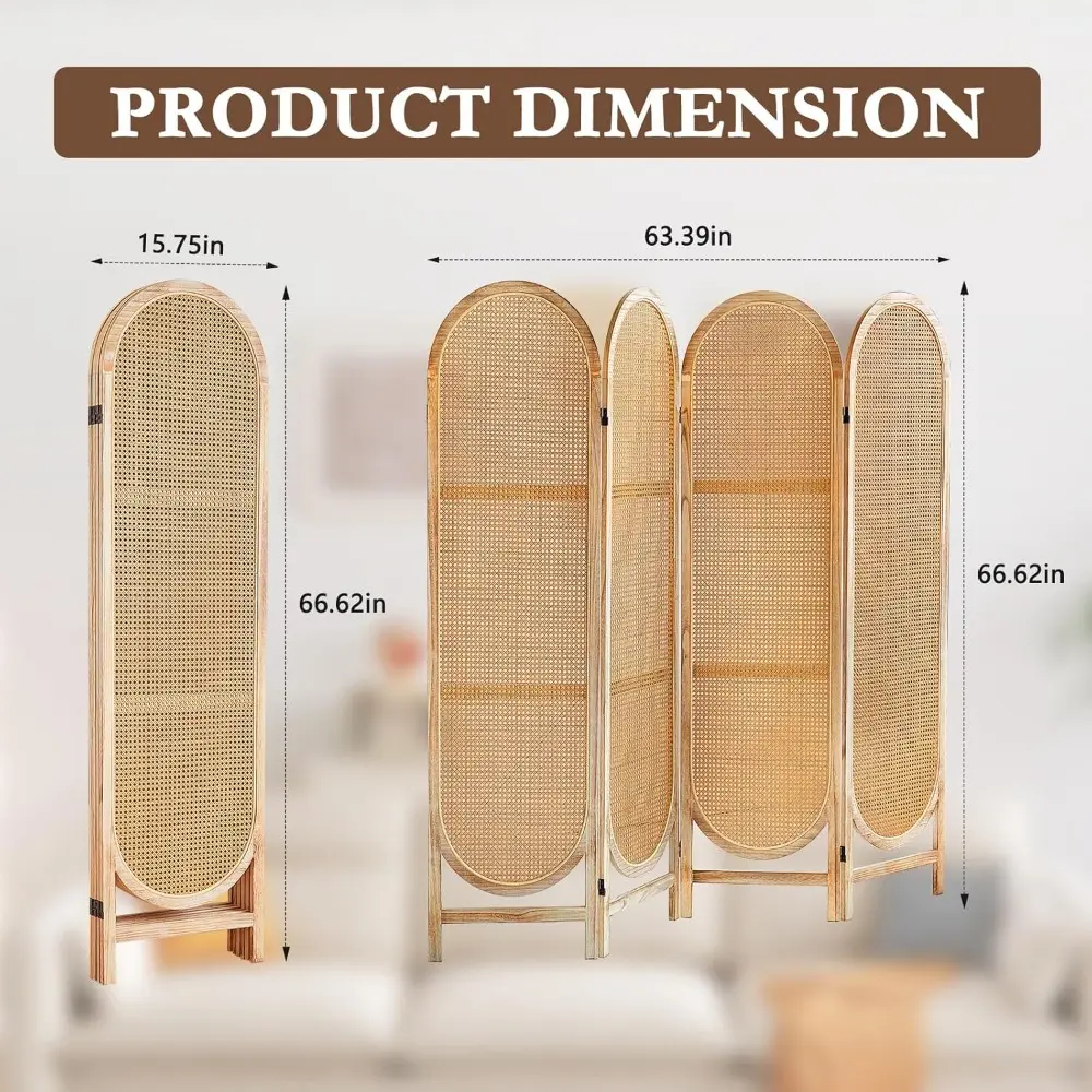 4 Panels Room Dividers Panel, Hand-Woven Rattan Room Divider Wall, Wood Room Divider and Folding Privacy Screens, Freestanding R