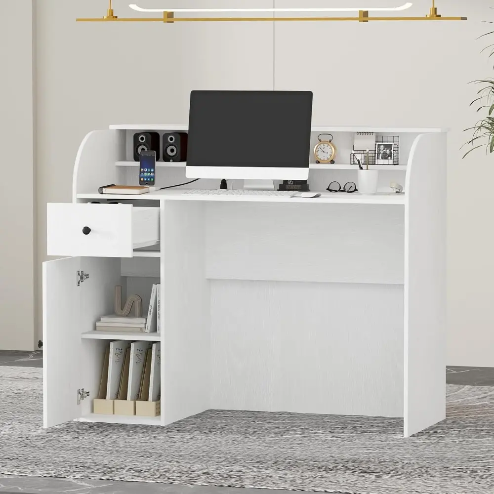 Modern Reception Desk with Storage Drawers, 39.4" H Office Counter with LED Lighting, Secretary Desk with Power Outlets – Front