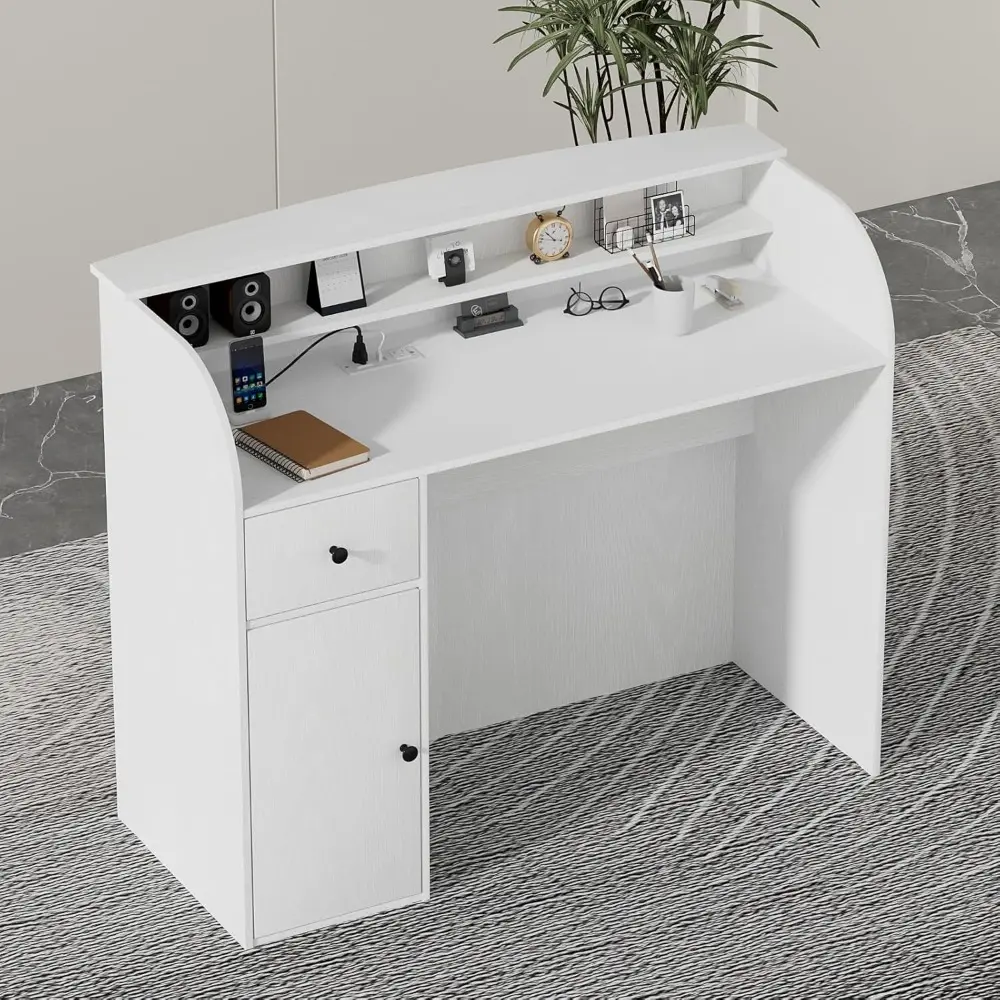 Modern Reception Desk with Storage Drawers, 39.4" H Office Counter with LED Lighting, Secretary Desk with Power Outlets – Front