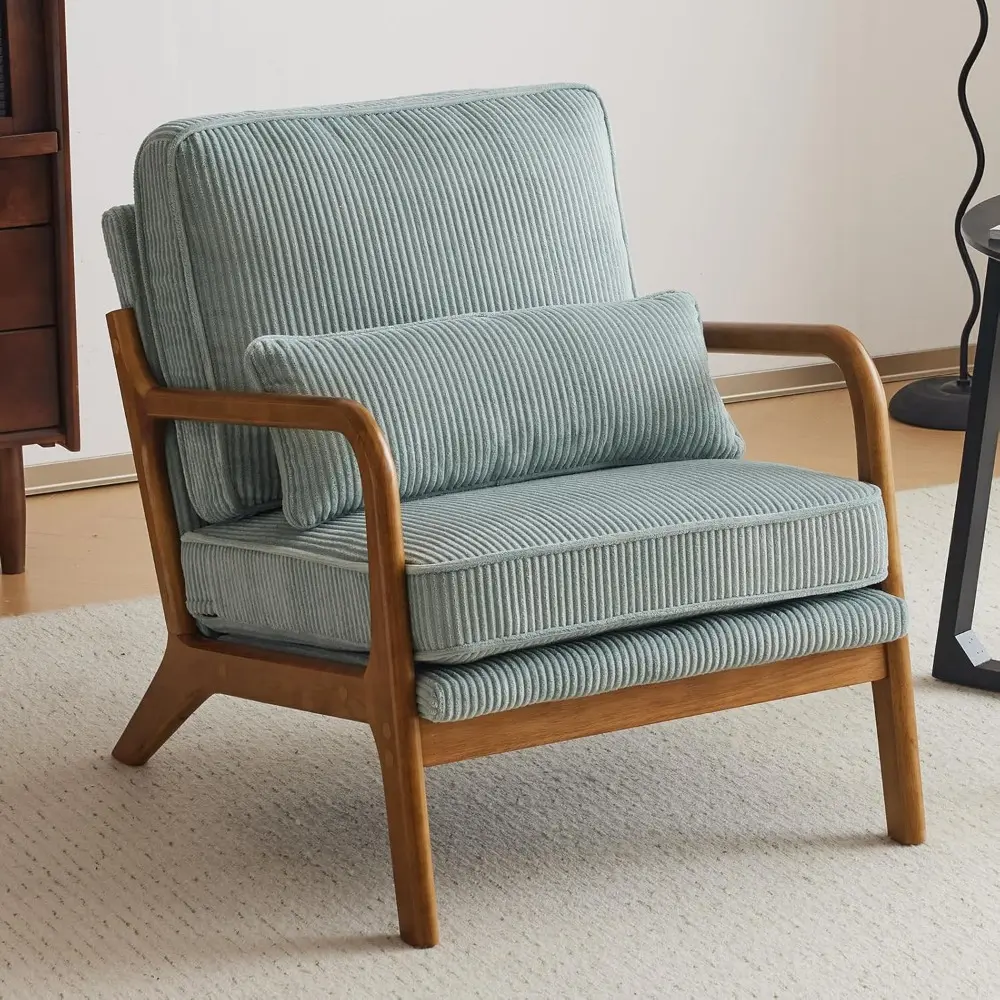 Upgraded Premium Corduroy Accent Chairs Set of 2,Upholstered Arm Chair,Solid Wood Comfy Reading Chair with Lumbar Pillow, Mid C