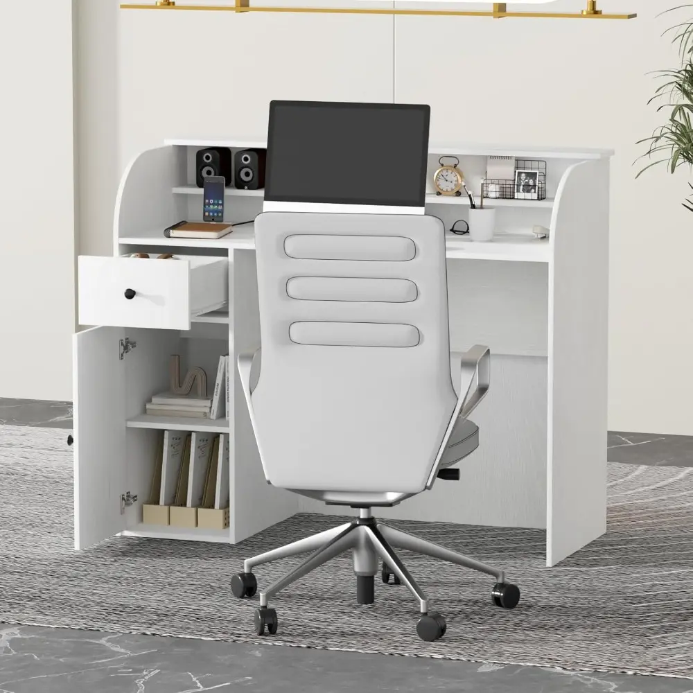 Modern Reception Desk with Storage Drawers, 39.4" H Office Counter with LED Lighting, Secretary Desk with Power Outlets – Front