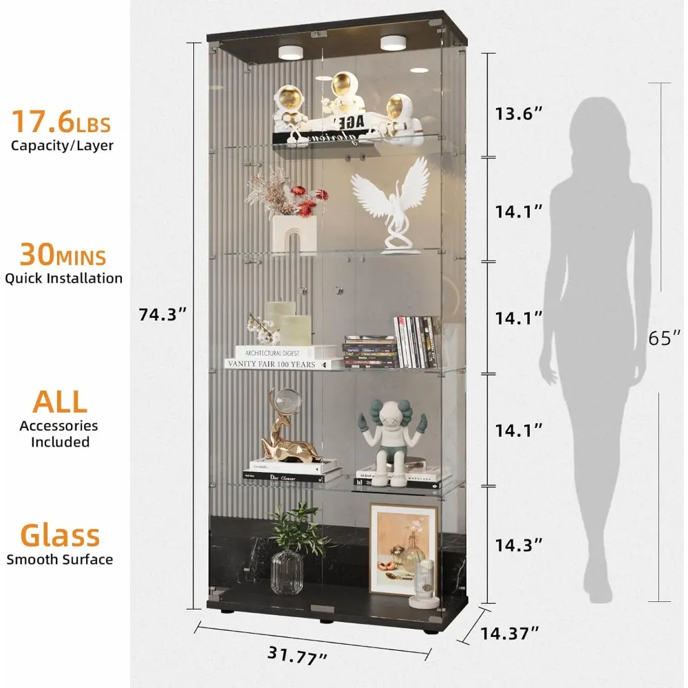 Glass Display Cabinet 5-Shelf with LED Lights and Lock, 2 Door Curio Cabinets Upgraded Quick-Install Style Tempered Glass Floor