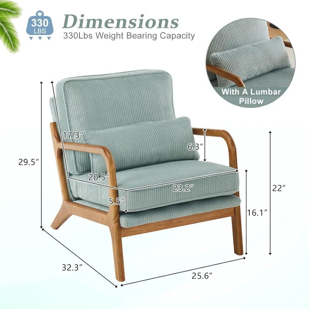 Upgraded Premium Corduroy Accent Chairs Set of 2,Upholstered Arm Chair,Solid Wood Comfy Reading Chair with Lumbar Pillow, Mid C