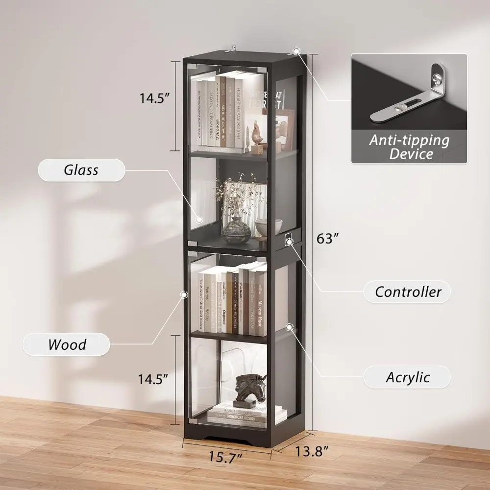 Glass Display Cabinet, 4-Tier Curio Cabinets with 3 Color Lights for Collectibles, Storage Cabinet with Door, Glass Display Case