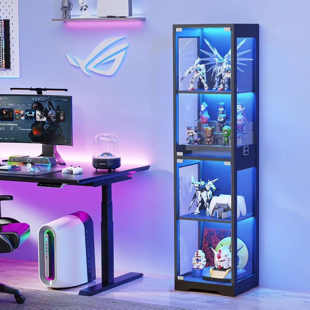 Glass Display Cabinet, 4-Tier Curio Cabinets with 3 Color Lights for Collectibles, Storage Cabinet with Door, Glass Display Case