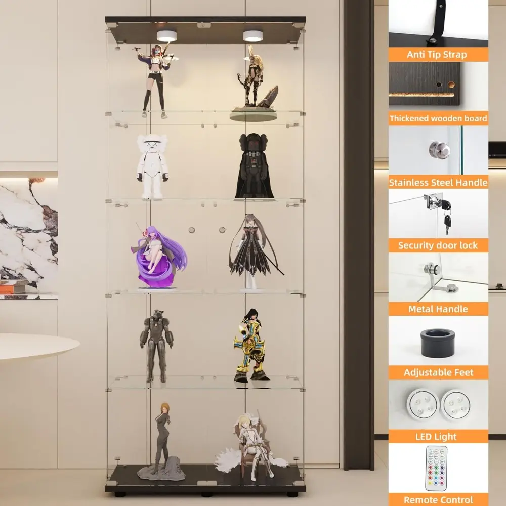 Glass Display Cabinet 5-Shelf with LED Lights and Lock, 2 Door Curio Cabinets Upgraded Quick-Install Style Tempered Glass Floor