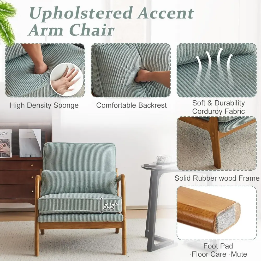 Upgraded Premium Corduroy Accent Chairs Set of 2,Upholstered Arm Chair,Solid Wood Comfy Reading Chair with Lumbar Pillow, Mid C