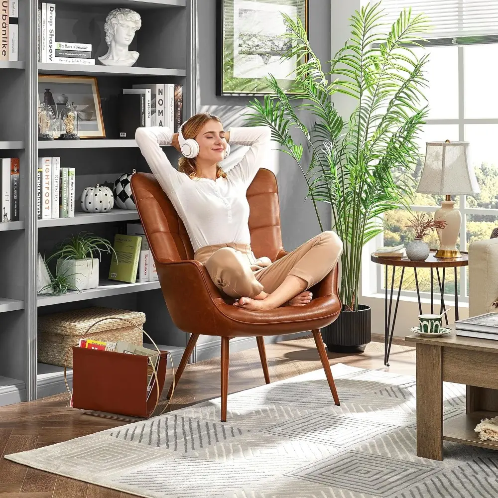 Leather Accent Chairs, Living Room Chairs Leather Large Armchairs Accent Chairs with Metal Legs for Living Bedroom Office State