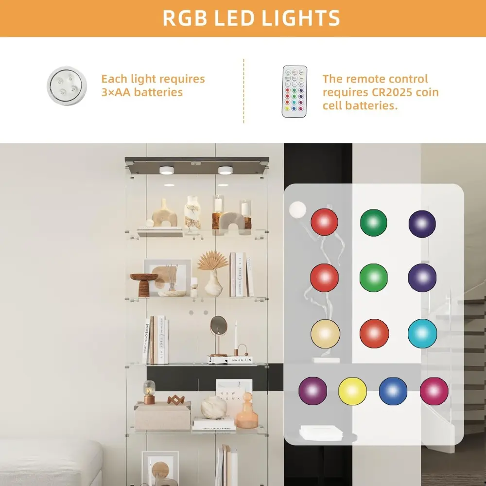 Glass Display Cabinet 5-Shelf with LED Lights and Lock, 2 Door Curio Cabinets Upgraded Quick-Install Style Tempered Glass Floor