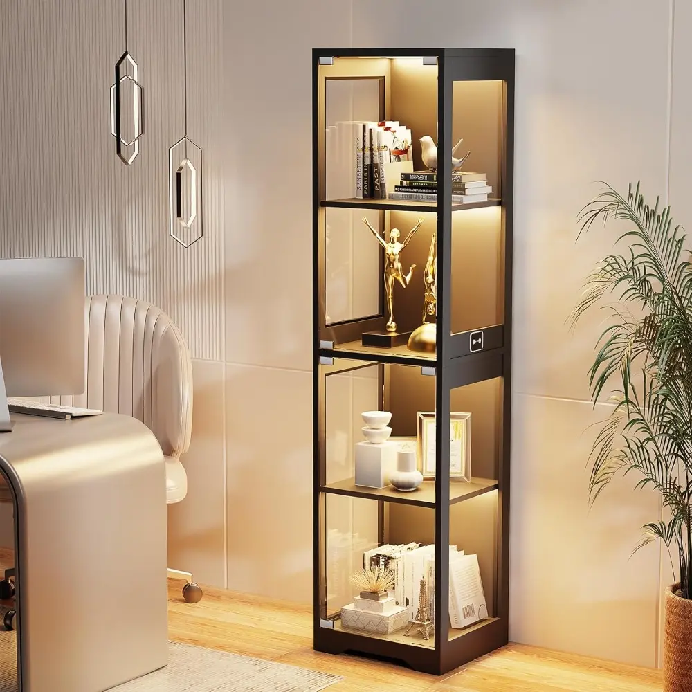 Glass Display Cabinet, 4-Tier Curio Cabinets with 3 Color Lights for Collectibles, Storage Cabinet with Door, Glass Display Case