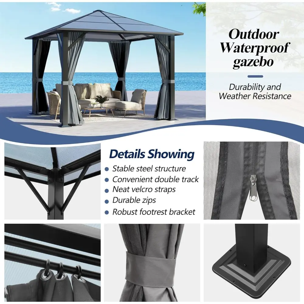 10x10 Waterproof Polycarbonate Roof Gazebo with Steel Frame and Permanent Pavilion