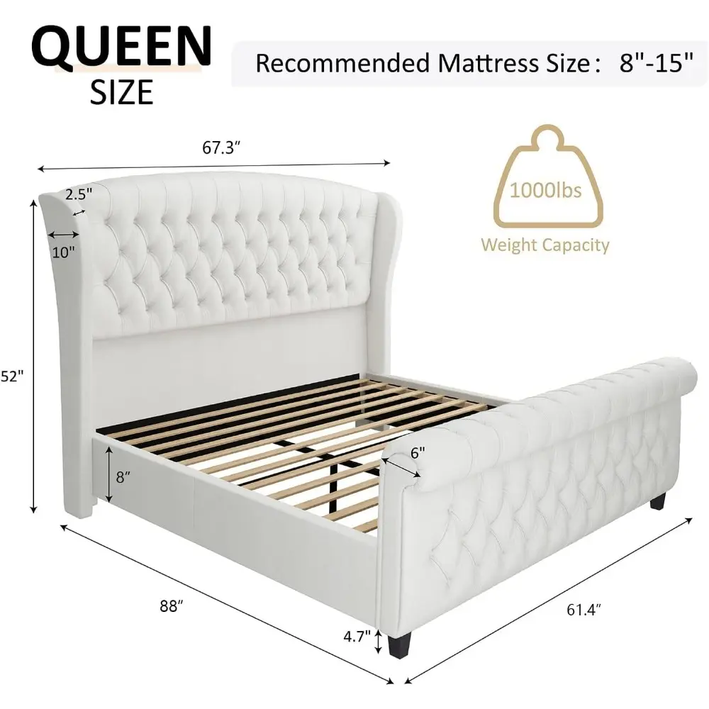 AMERLIFE Queen Size Platform Bed Frame, Chenille Upholstered Sleigh Bed with Scroll Wingback Headboard & Footboard/Button Tufted