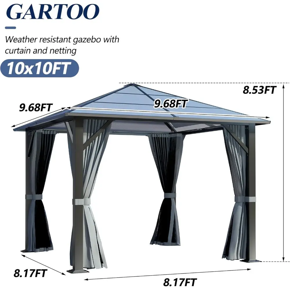 10x10 Waterproof Polycarbonate Roof Gazebo with Steel Frame and Permanent Pavilion