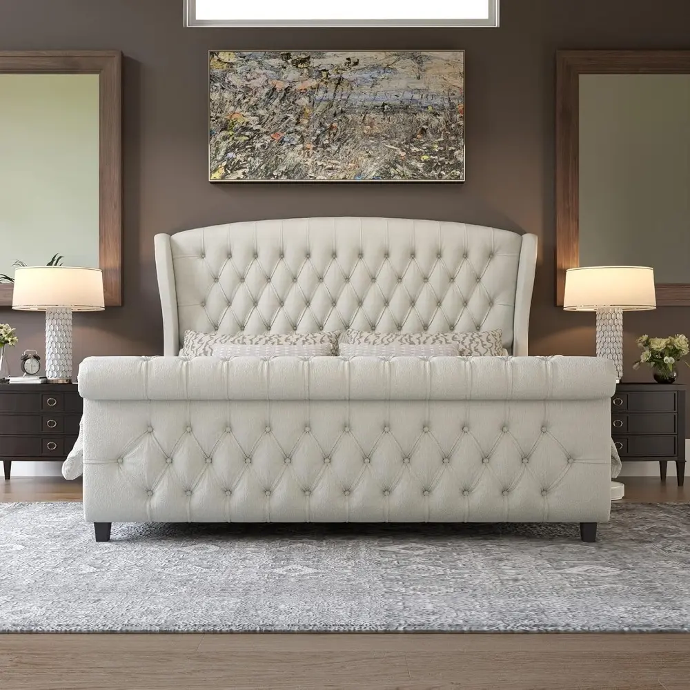 AMERLIFE Queen Size Platform Bed Frame, Chenille Upholstered Sleigh Bed with Scroll Wingback Headboard & Footboard/Button Tufted