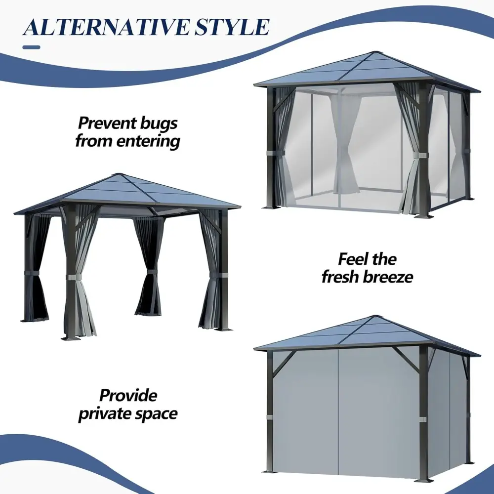 10x10 Waterproof Polycarbonate Roof Gazebo with Steel Frame and Permanent Pavilion