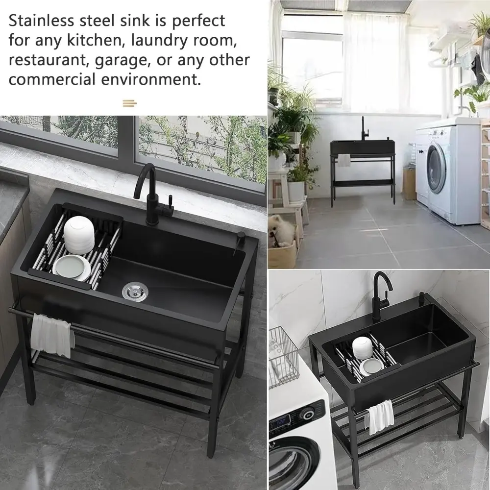 Large Utility Sink Free Standing Black Kitchen Sinks Cabinet Stainless Steel Garage Kitchenette Laundry Tub W/Faucet for Bar Rv