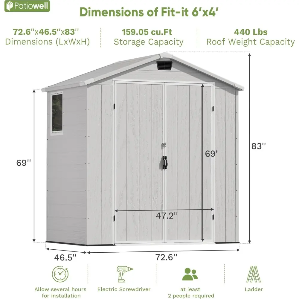 6 x 4 FT Plastic Outdoor Storage Shed with Floor, Resin Outside Tool Shed with Window and Lockable Door for Garden, Backyard, T