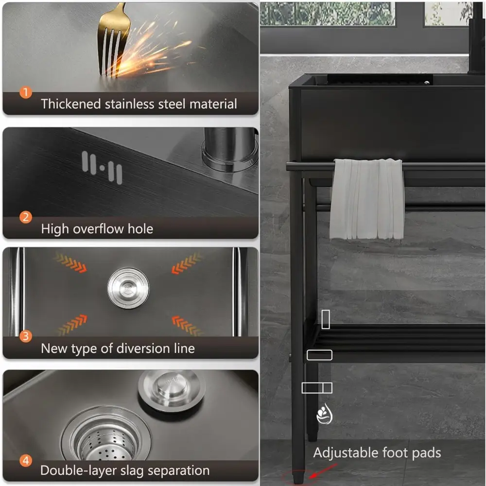 Large Utility Sink Free Standing Black Kitchen Sinks Cabinet Stainless Steel Garage Kitchenette Laundry Tub W/Faucet for Bar Rv