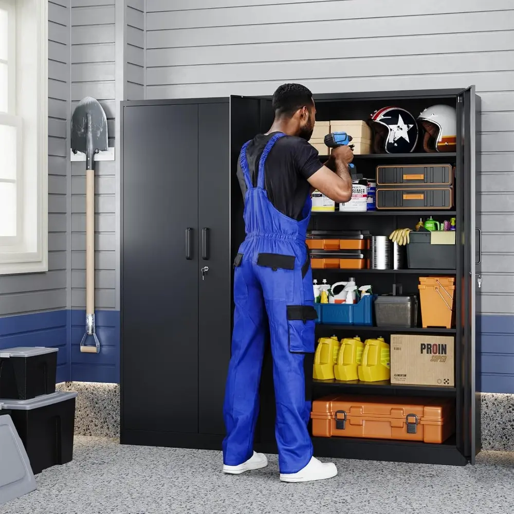 Metal Storage Cabinet with Lock - 72" Garage Storage Cabinet with 2 Locking Doors and 5 Adjustable Shelves, Black Steel Lockabl