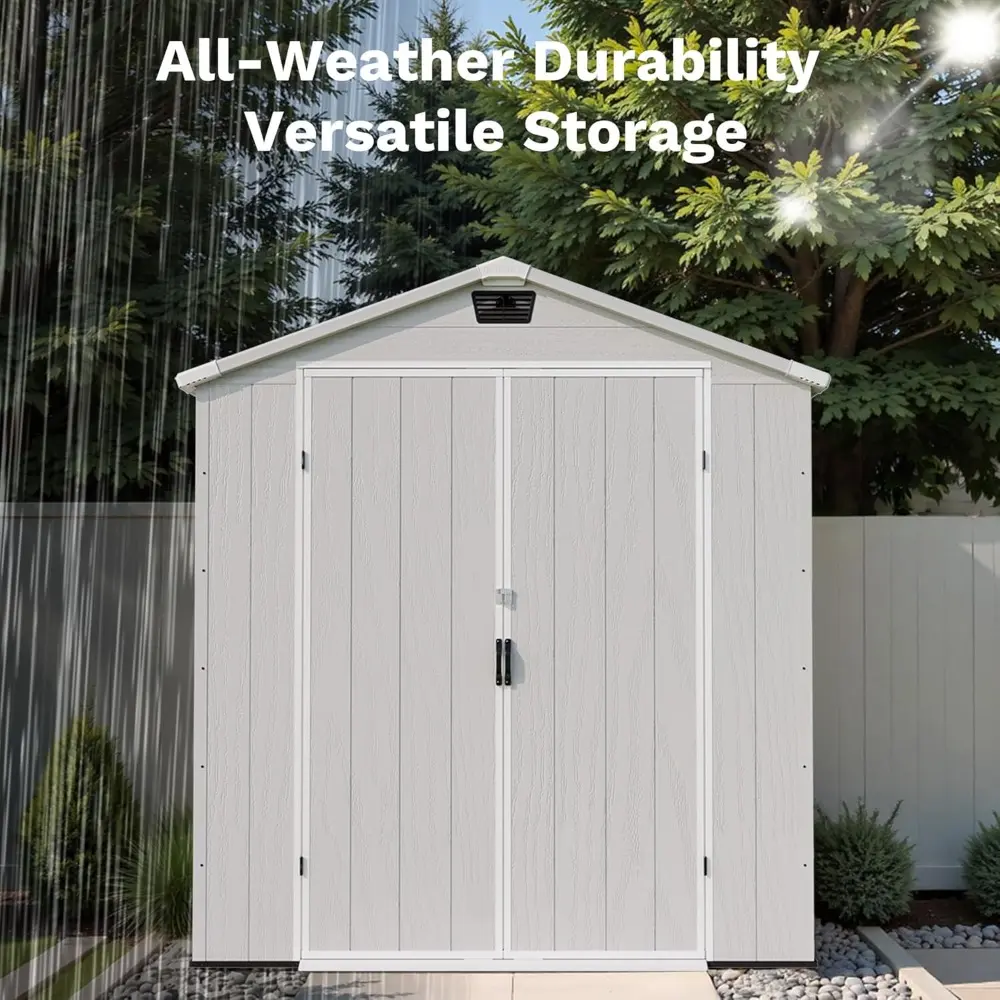 6 x 4 FT Plastic Outdoor Storage Shed with Floor, Resin Outside Tool Shed with Window and Lockable Door for Garden, Backyard, T