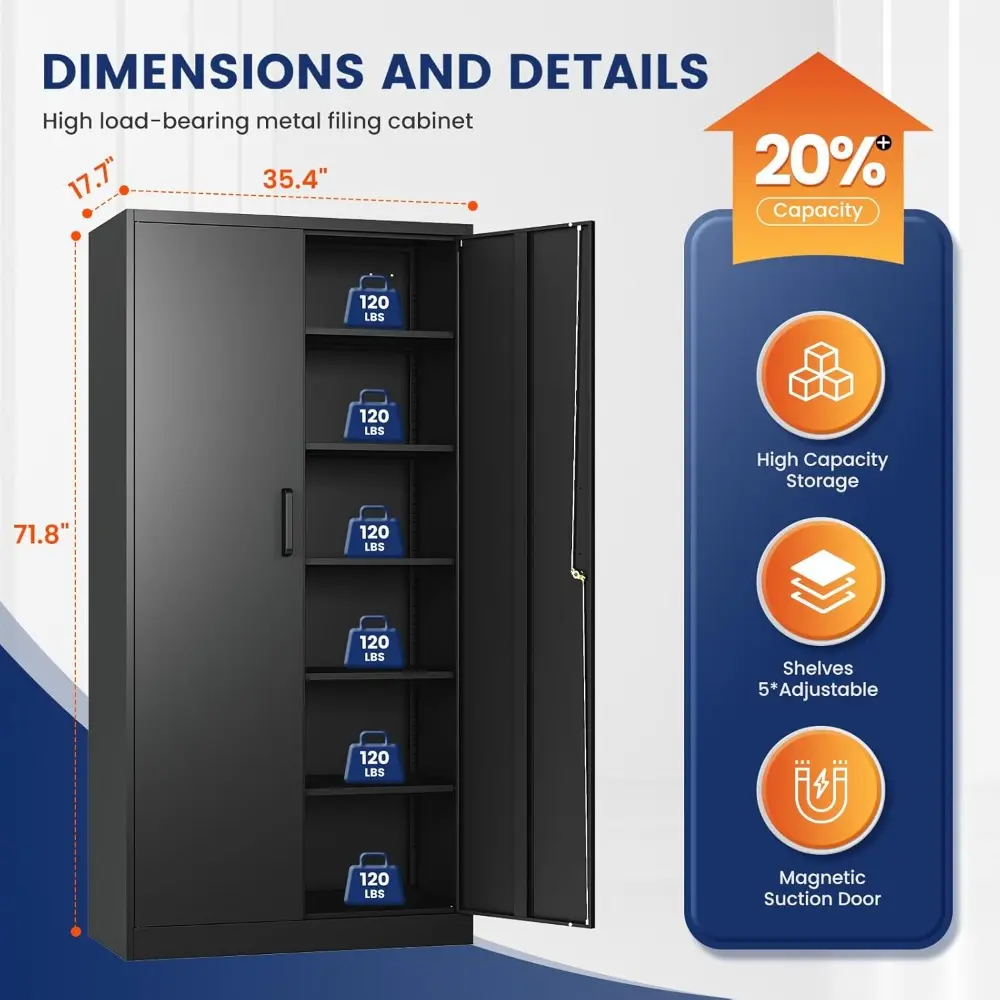 Metal Storage Cabinet with Lock - 72" Garage Storage Cabinet with 2 Locking Doors and 5 Adjustable Shelves, Black Steel Lockabl