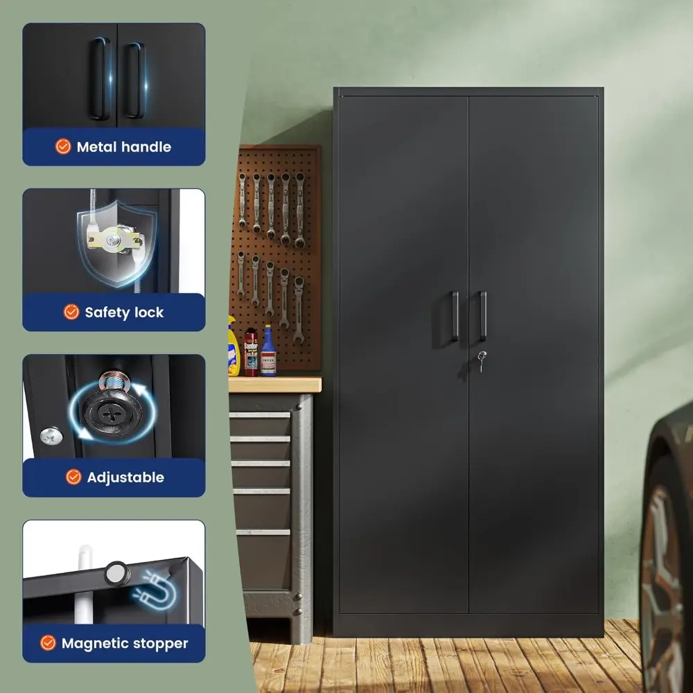 Metal Storage Cabinet with Lock - 72" Garage Storage Cabinet with 2 Locking Doors and 5 Adjustable Shelves, Black Steel Lockabl