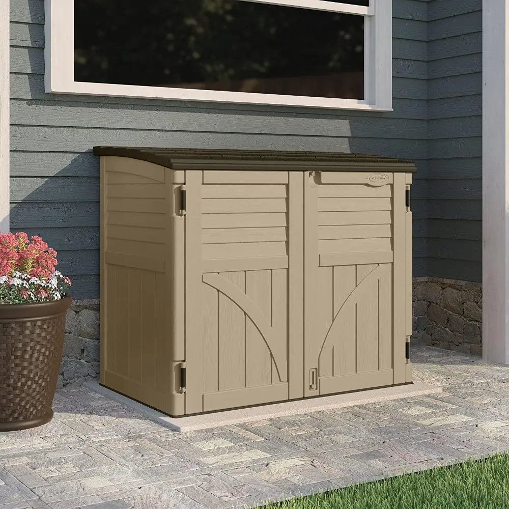 Horizontal Shed, Compact Outdoor Storage System, 34 Cu. Ft. Capacity, Sand & Slate - Lockable Multi-Wall Resin Organizer for Ga