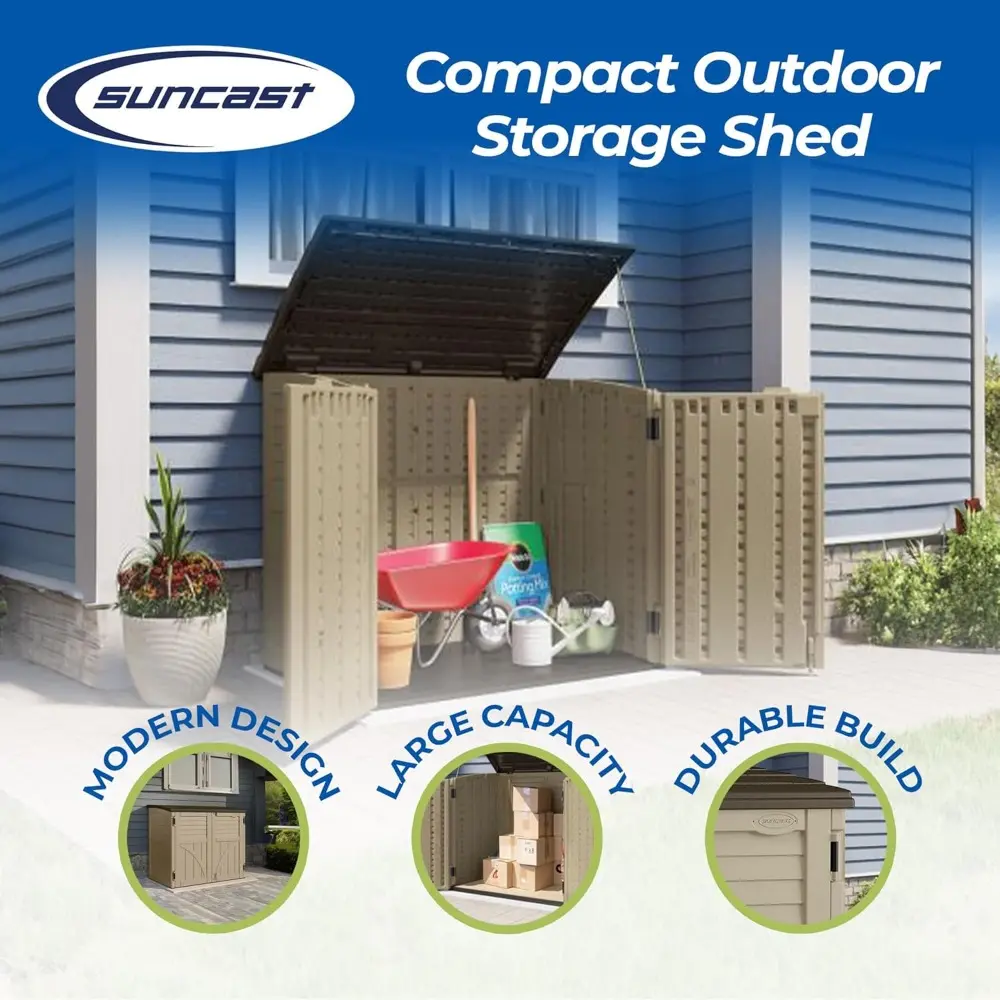 Horizontal Shed, Compact Outdoor Storage System, 34 Cu. Ft. Capacity, Sand & Slate - Lockable Multi-Wall Resin Organizer for Ga