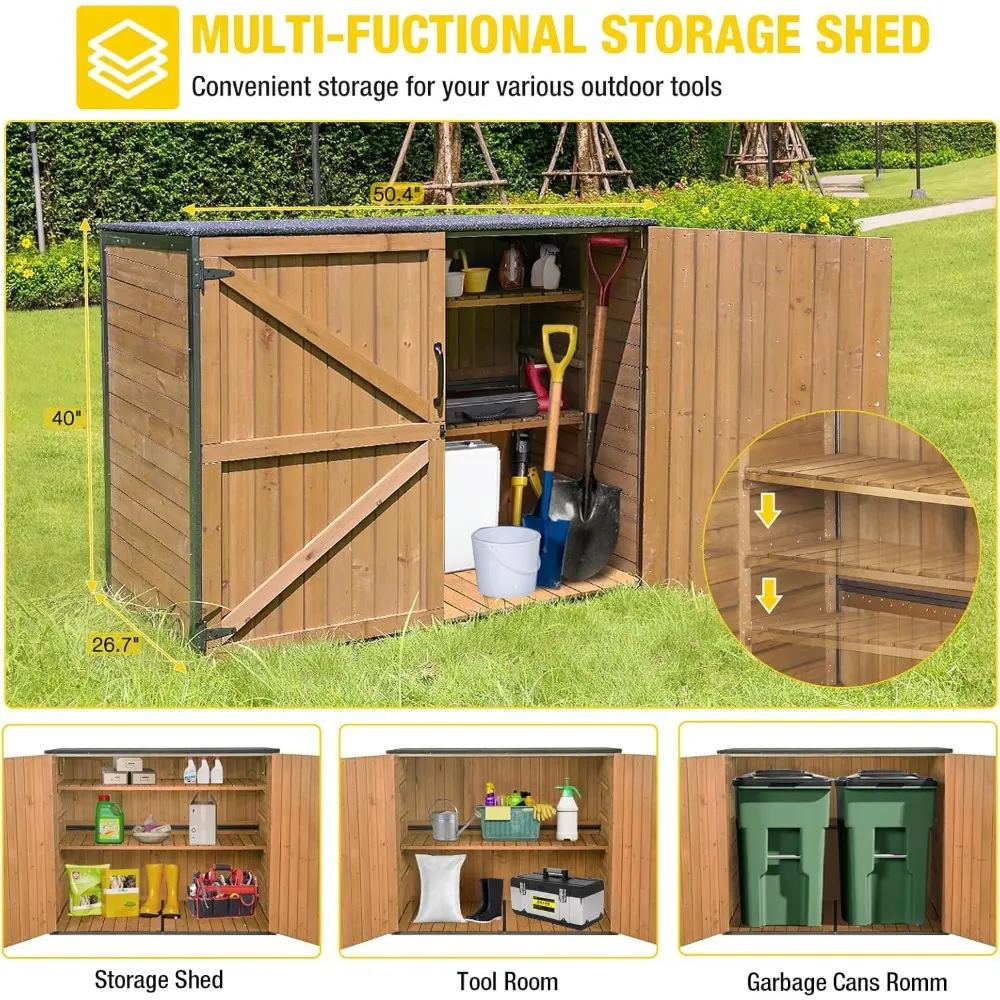 Outdoor Storage Cabinet Trash Can Storage Shed Upgraded with Metal Frame for Garbage Can, Gardening Tools and Accessories 50" L