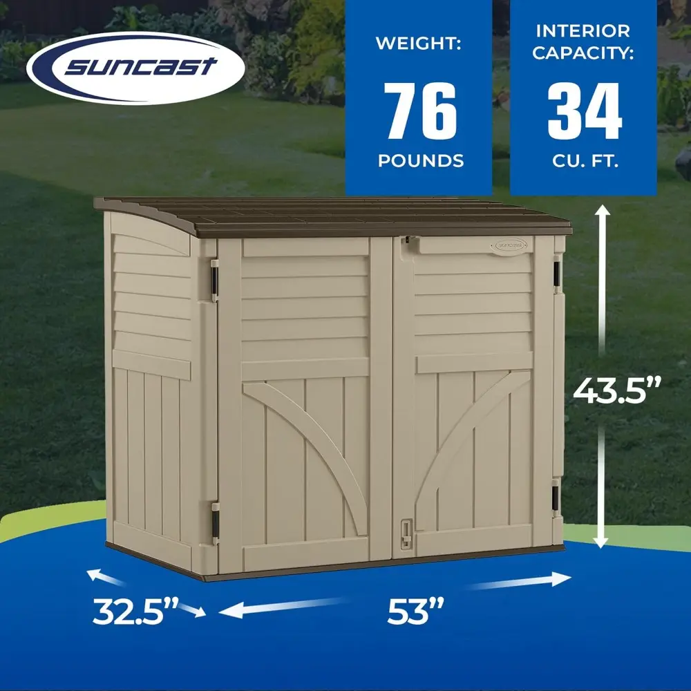 Horizontal Shed, Compact Outdoor Storage System, 34 Cu. Ft. Capacity, Sand & Slate - Lockable Multi-Wall Resin Organizer for Ga