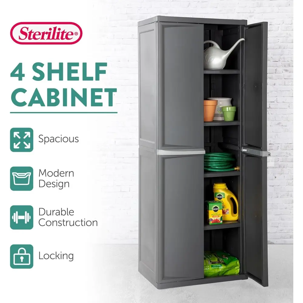 2-Pack 4 Shelf Cabinet, Lockable Utility Storage w/ Adjustable Shelves, Gray - Plastic Shelving Unit for Organizing Garage, Pan