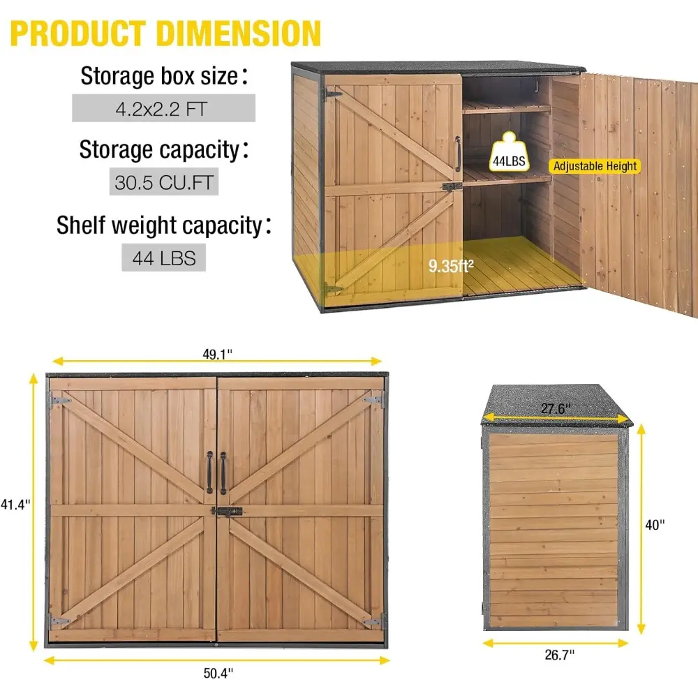Outdoor Storage Cabinet Trash Can Storage Shed Upgraded with Metal Frame for Garbage Can, Gardening Tools and Accessories 50" L