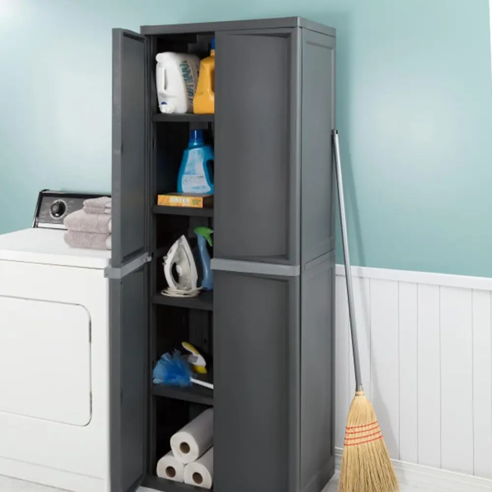 2-Pack 4 Shelf Cabinet, Lockable Utility Storage w/ Adjustable Shelves, Gray - Plastic Shelving Unit for Organizing Garage, Pan