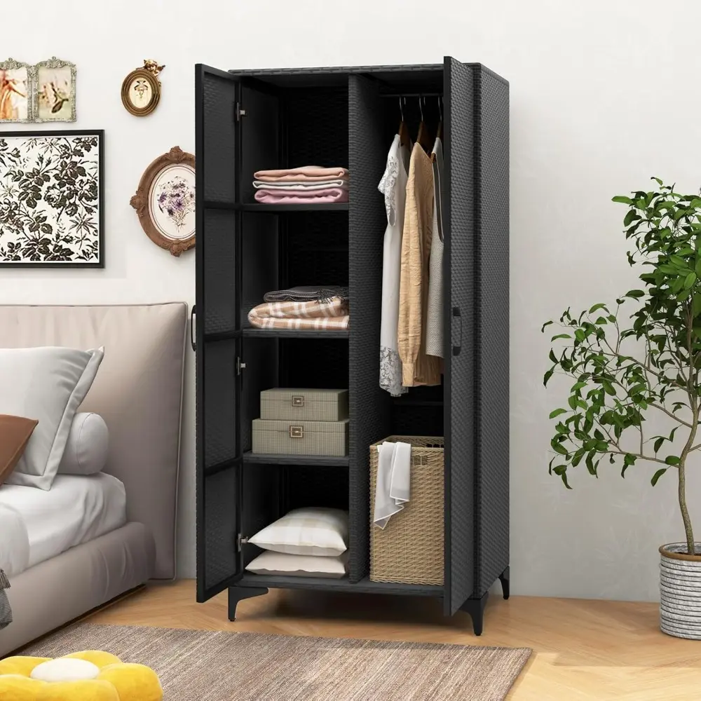 Wicker Storage Cabinet, 62” Tall Pantry Cabinet with 2 Doors, Hanging Rod, 4 Storage Cubes, Metal Legs, Anti-Tipping Device, PE