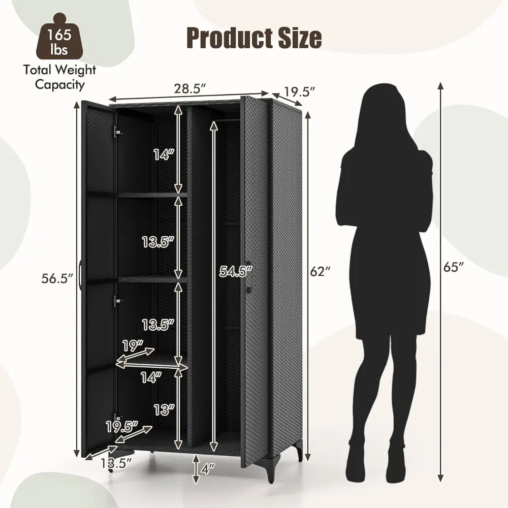 Wicker Storage Cabinet, 62” Tall Pantry Cabinet with 2 Doors, Hanging Rod, 4 Storage Cubes, Metal Legs, Anti-Tipping Device, PE