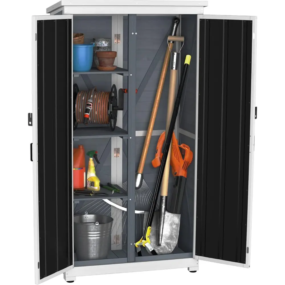 Outdoor Storage Cabinet Wood & Metal Garden Shed with Waterproof Roof and Sturdy Lockable Doors 66"