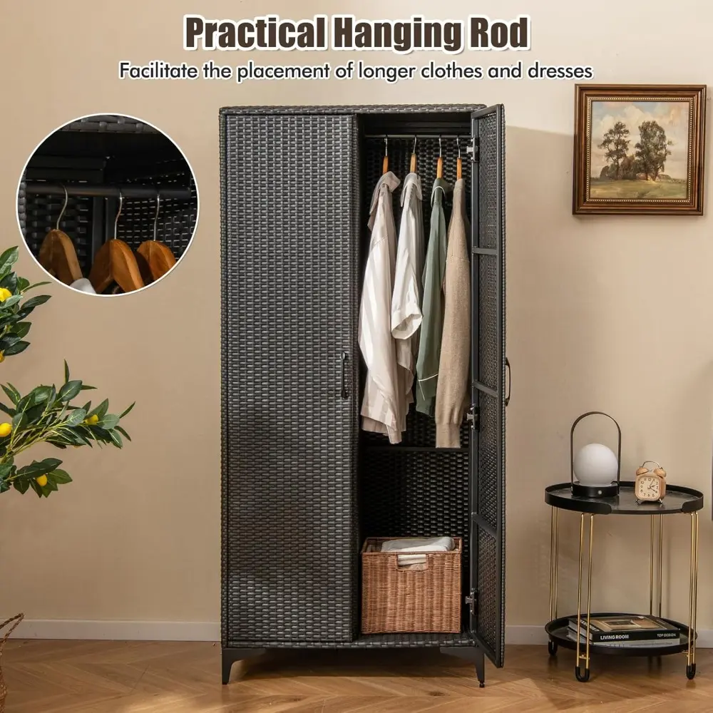 Wicker Storage Cabinet, 62” Tall Pantry Cabinet with 2 Doors, Hanging Rod, 4 Storage Cubes, Metal Legs, Anti-Tipping Device, PE