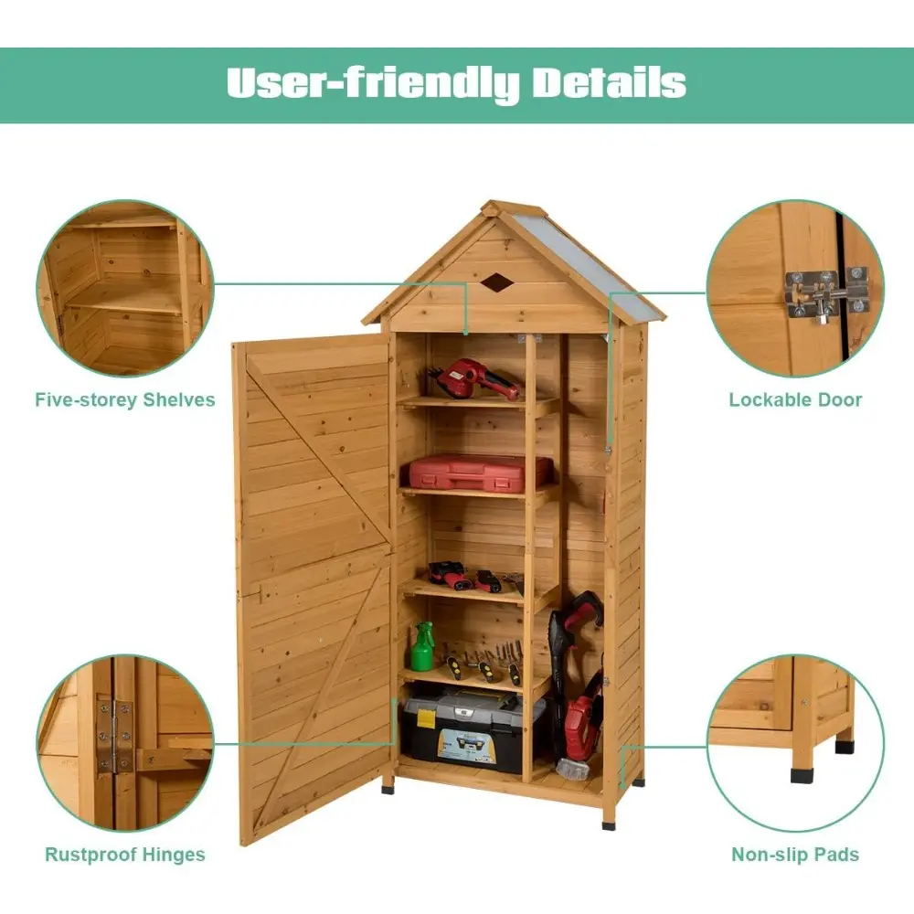 Outdoor Storage Shed, Lockable Fir Wood Garden Tool Storage Cabinet with Galvanized Sheet Roof for Garden, Yard, Natural Color