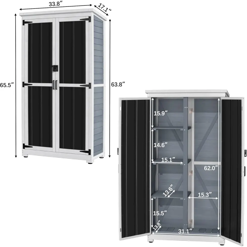 Outdoor Storage Cabinet Wood & Metal Garden Shed with Waterproof Roof and Sturdy Lockable Doors 66"