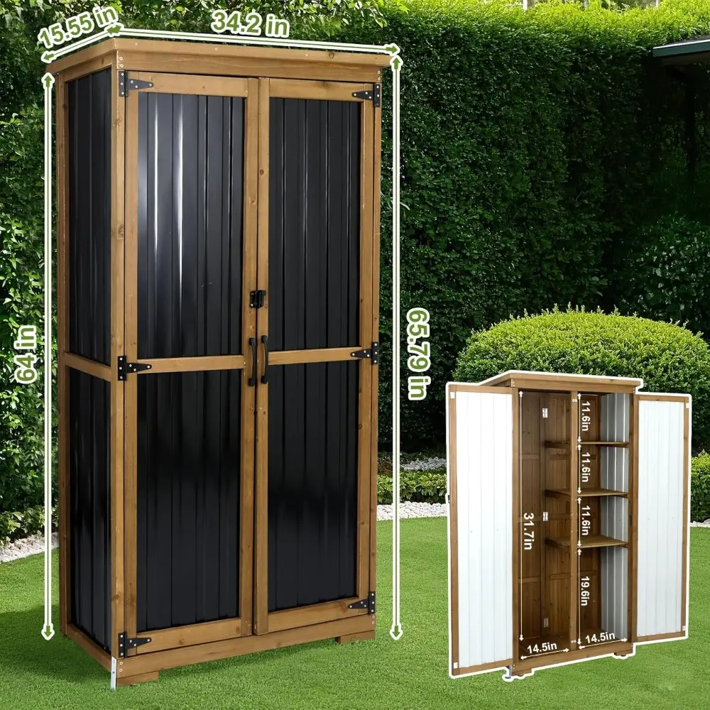 Outdoor Storage Cabinet Weatherproof,Wood & Metal Storage Shed with Adjustable Shelves & Lockable Doors,Vertical Outdoor Cabinet