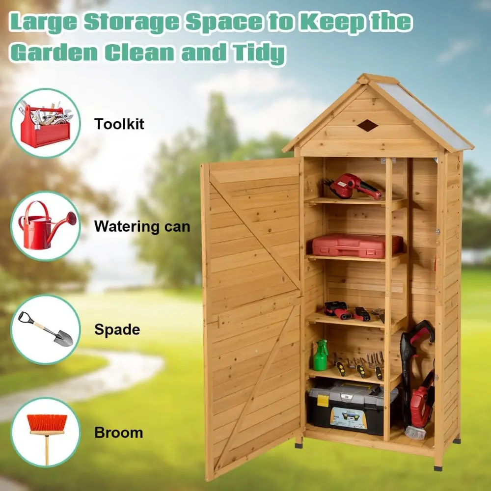 Outdoor Storage Shed, Lockable Fir Wood Garden Tool Storage Cabinet with Galvanized Sheet Roof for Garden, Yard, Natural Color