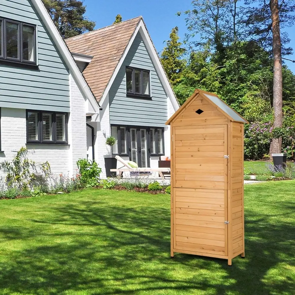 Outdoor Storage Shed, Lockable Fir Wood Garden Tool Storage Cabinet with Galvanized Sheet Roof for Garden, Yard, Natural Color