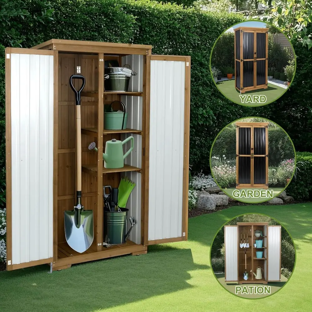 Outdoor Storage Cabinet Weatherproof,Wood & Metal Storage Shed with Adjustable Shelves & Lockable Doors,Vertical Outdoor Cabinet