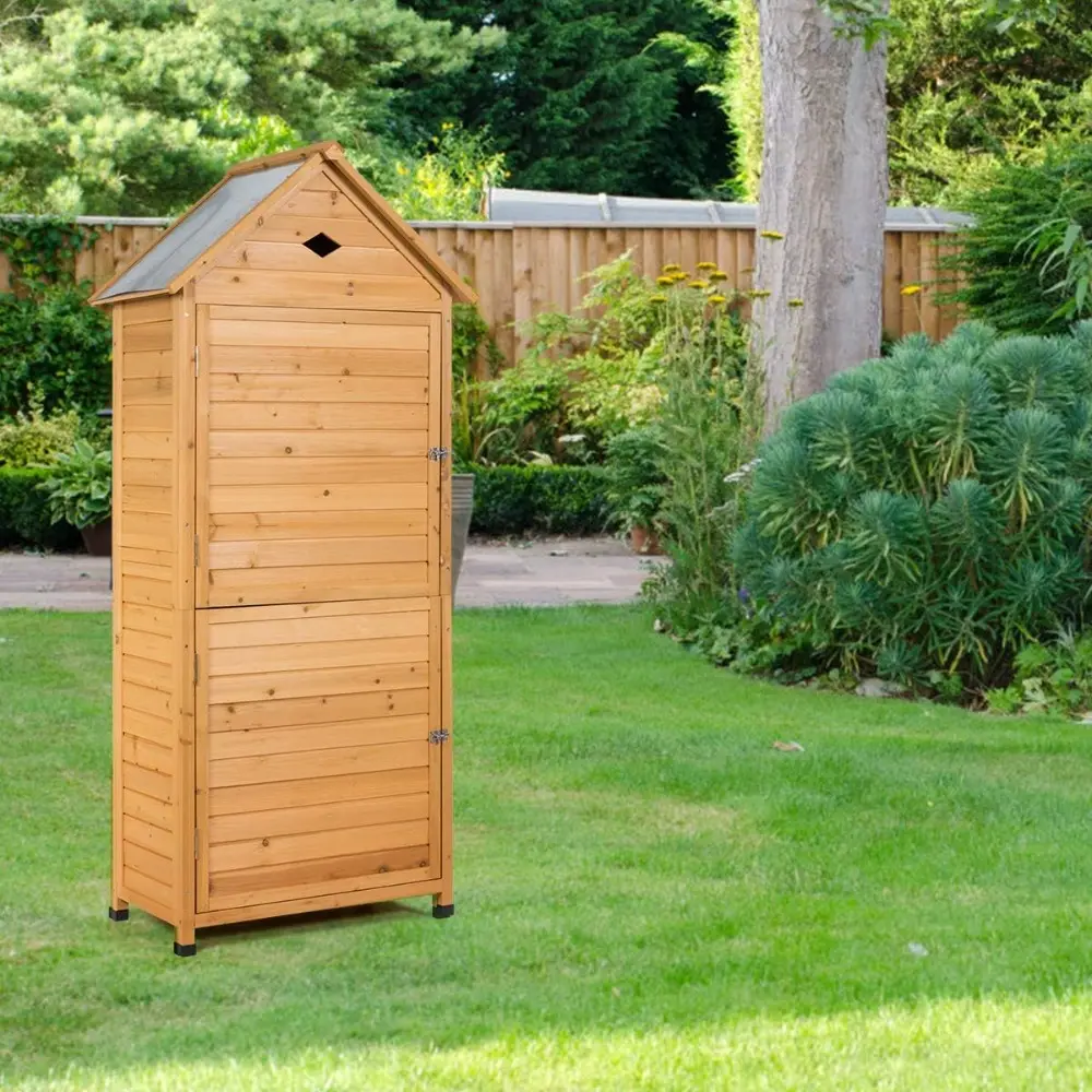 Outdoor Storage Shed, Lockable Fir Wood Garden Tool Storage Cabinet with Galvanized Sheet Roof for Garden, Yard, Natural Color