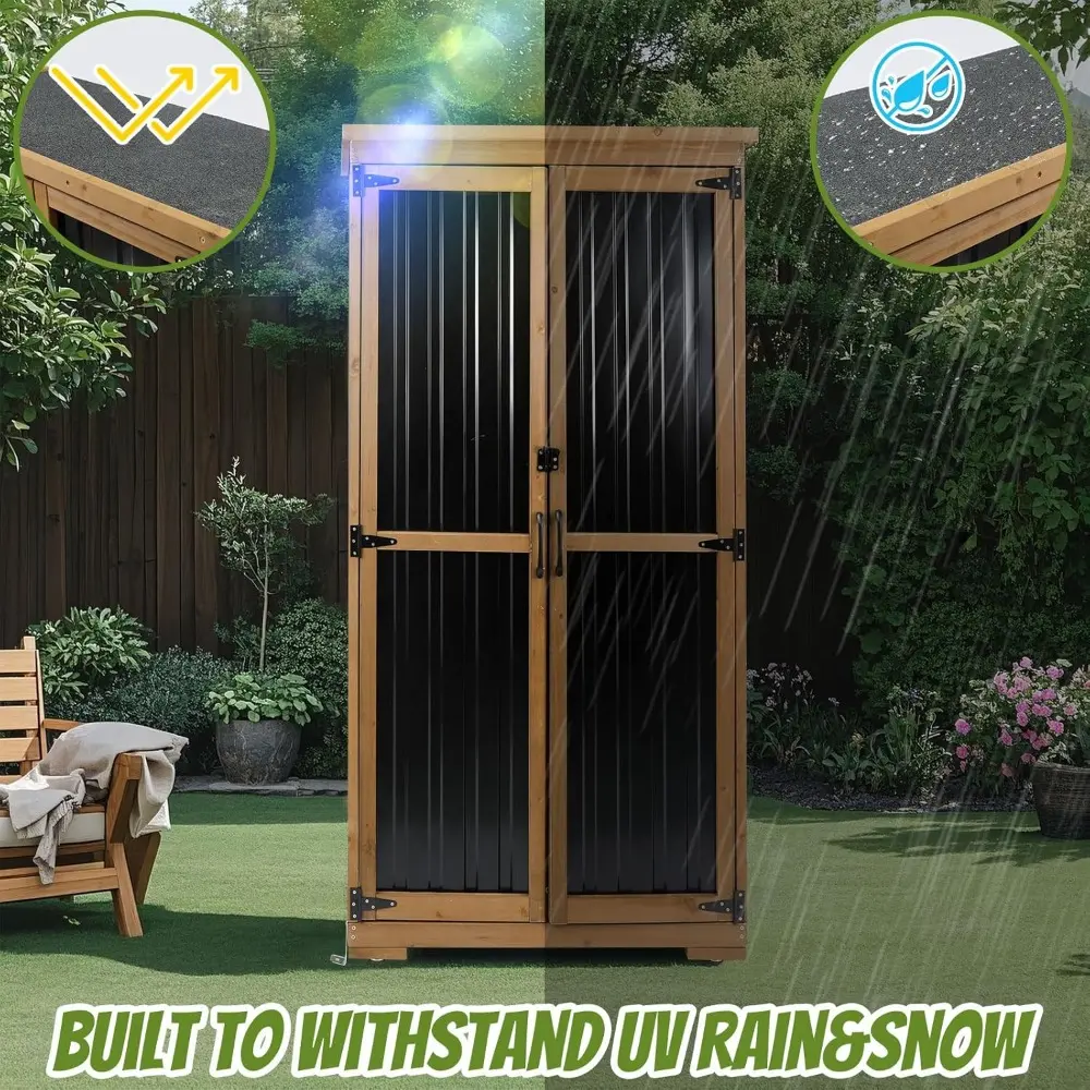 Outdoor Storage Cabinet Weatherproof,Wood & Metal Storage Shed with Adjustable Shelves & Lockable Doors,Vertical Outdoor Cabinet