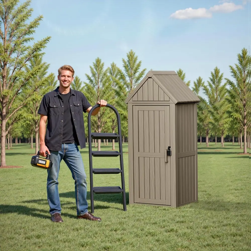 Outdoor Storage Shed with Lock, Waterproof Resin Garden Tool Shed, Heavy-Duty Weather-Resistant Cabinet for Patio, Backyard, or