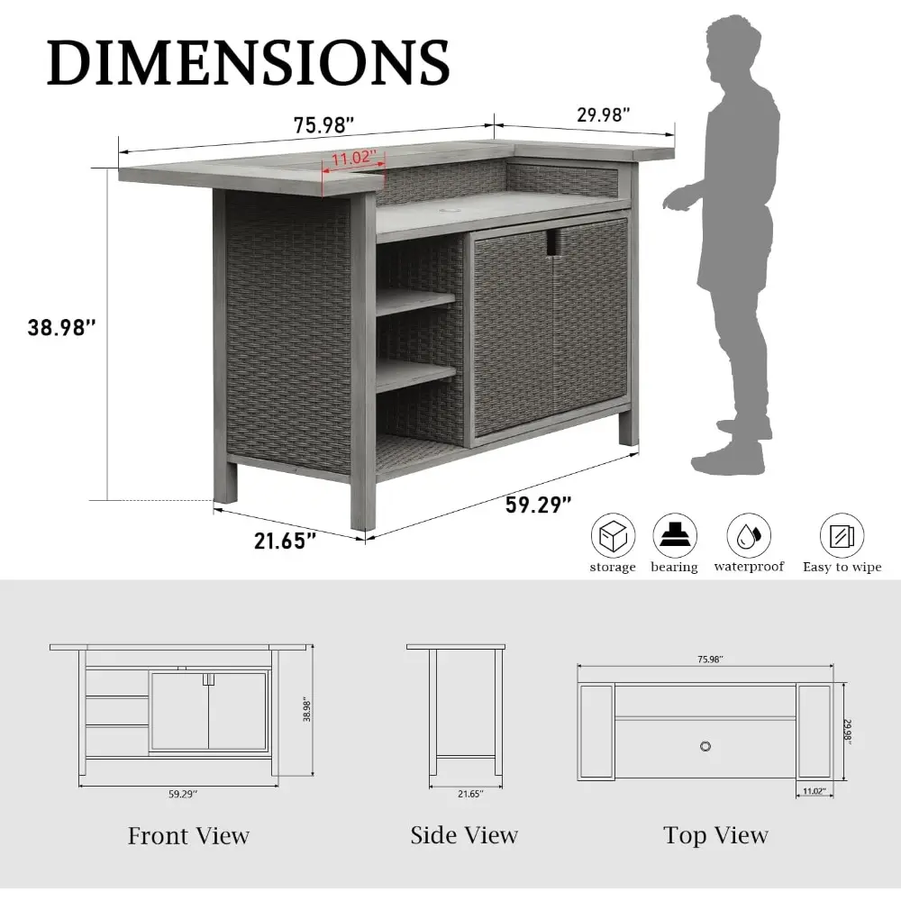 Domi Outdoor Home Bar Unit, All-Weather Wicker & Aluminum Frame Farmhouse Bar Furniture with Storage, Waterproof Rattan Buffet T