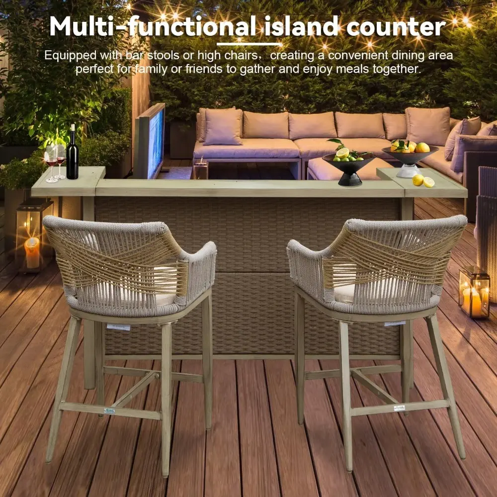 Domi Outdoor Home Bar Unit, All-Weather Wicker & Aluminum Frame Farmhouse Bar Furniture with Storage, Waterproof Rattan Buffet T